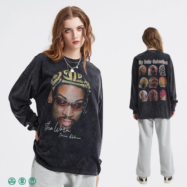 Men'S Hip Hop Acid Wash Crewneck Sweatshirt Athletic Black Distressed Vintage T-Shirt Terry Fabric