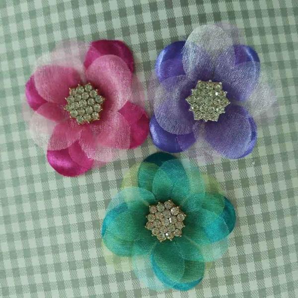 Colorful Toddler Girl Hair Accessories Satin Chiffon Individual Flowers With Diamond