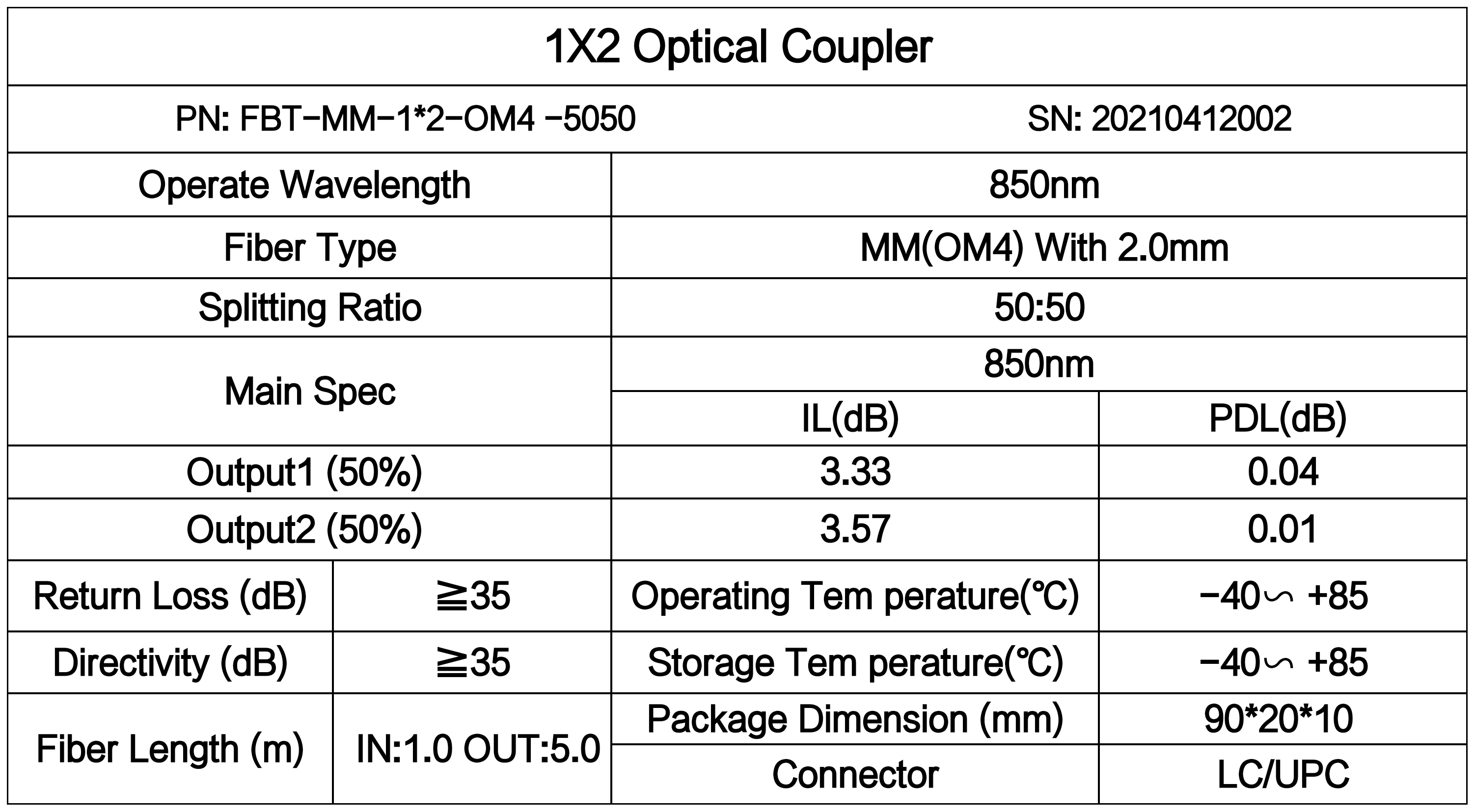 PVC ABS оптически муфты Lc Upc 1X2 Fbt мультимодный с 2.0mm OM4