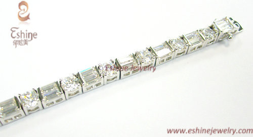 High Quality Brass tennis Bracelet with round and rectangle clear CZ white rhodium plating