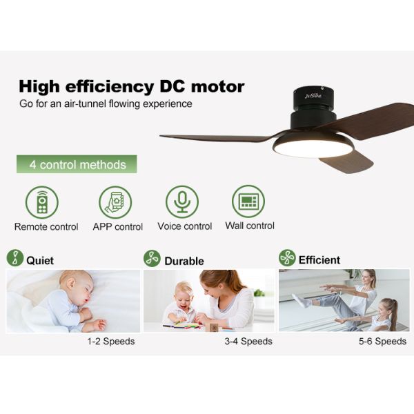 Ventilador de teto de material metálico com motor de corrente contínua de baixo ruído e iluminação LED de ar condicionado