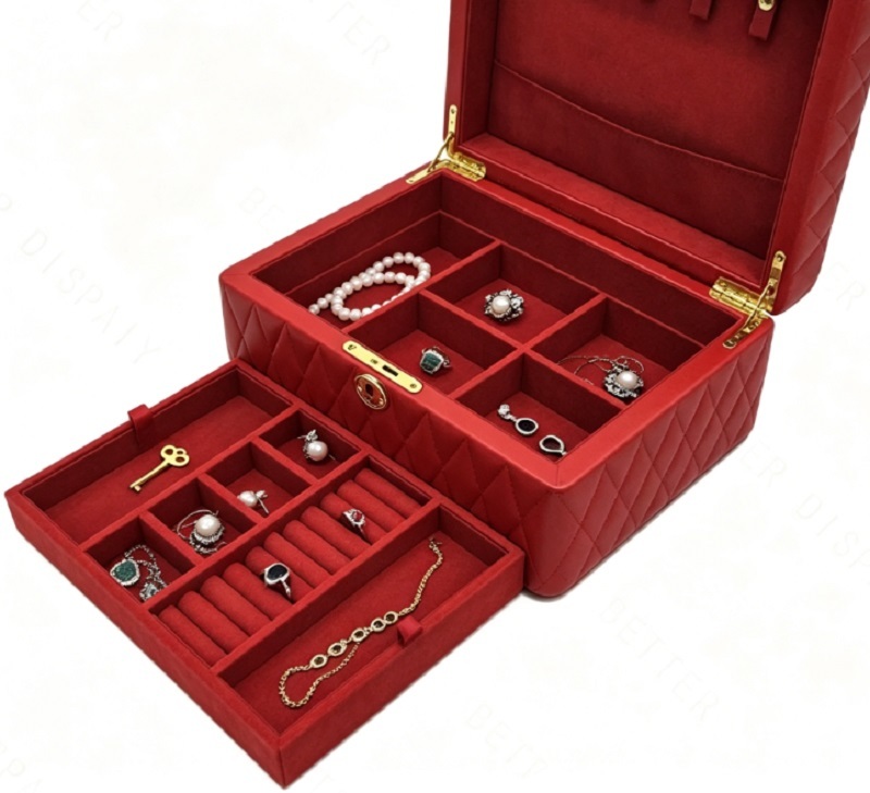 Luxury Red Quilted Leather Jewelry Box with Lockable Design and Velvet Lining Organizer