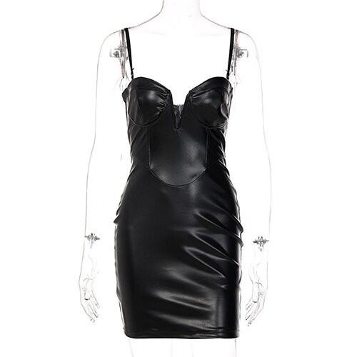 OEM  maufactory New Women's  Deep V -neck sleveless polyester Deep -back dress high -waist hip tight PU leather skirt