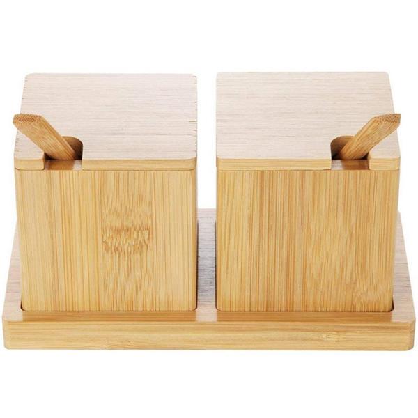 Caixa de armazenamento natural de bambu quadrado sal especiarias ervas secas com colher de tampa 17x7.1x8.2cm