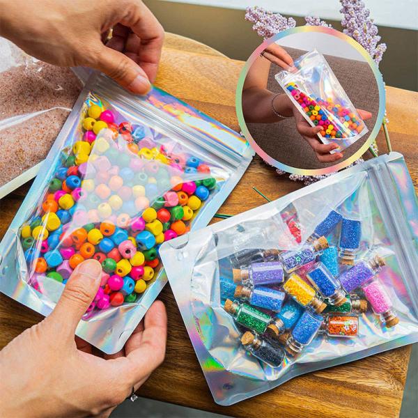 Clear Front Foil Back Iridescent Food Zip Lock Bags Resealable Holographic Stand Up Pouches Smell Proof Mylar Bags