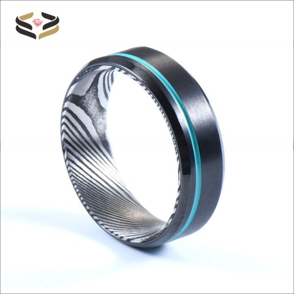 Anillo de Boda Negro de Tungsteno de Acero Damasco 8 mm con Línea Turquesa con Ranuras