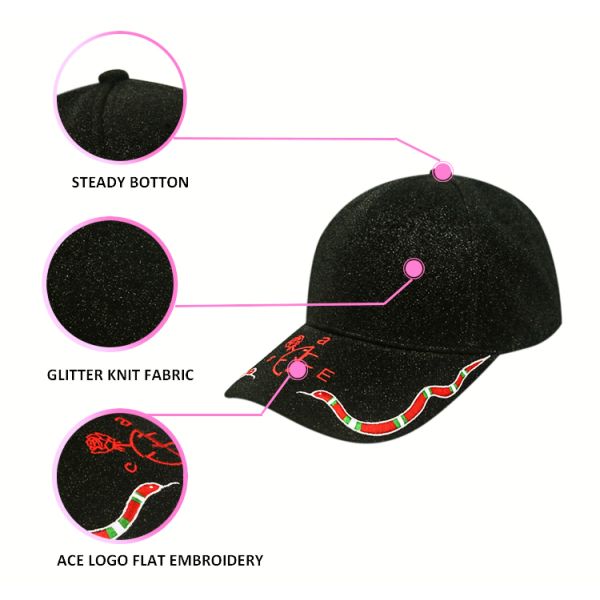Облегченные Унисекс вышитые бейсбольные кепки с порошком яркого блеска Акрылик 100%
