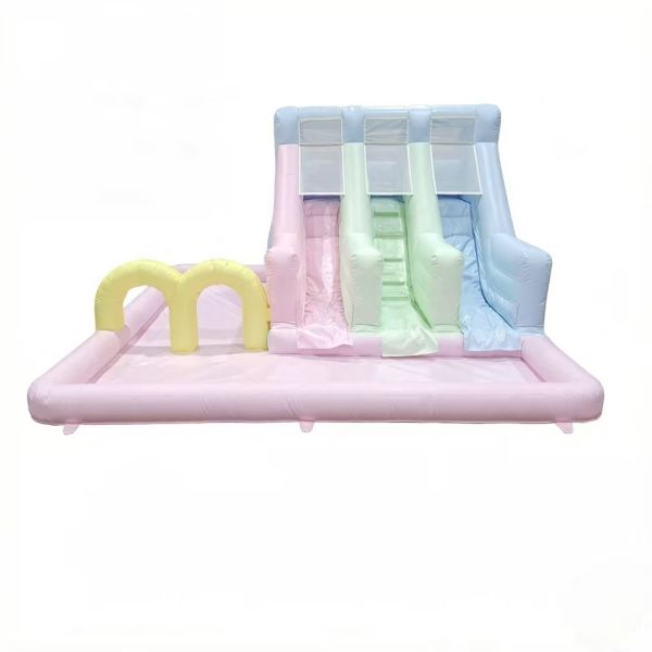Pastel Rainbow Triple-Lane Inflatable Slide with Ball Pit Inflatable Bounce House for Kids  Parties