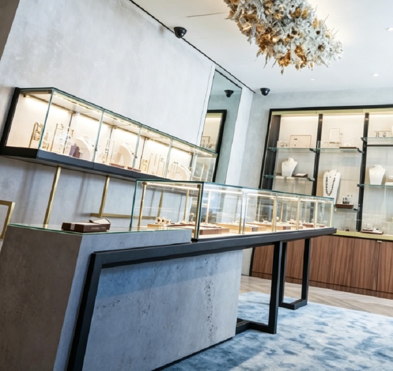 Industrial Chic Concrete Walnut Wood LED Eco-Friendly Jewelry Store Interior Design Complete Turnkey Fixture Package Minimalist