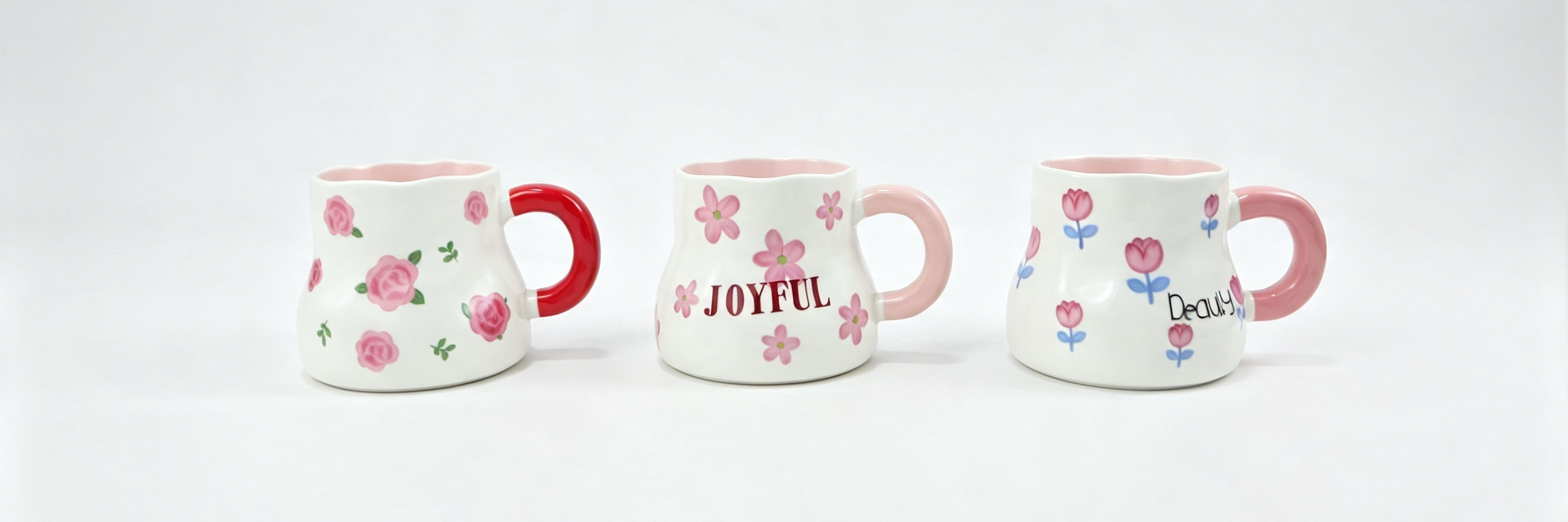 Cute Floral Curved‑Body Ceramic Mug Set of 3, Wavy Rim Coffee Cups with Big Round Handle