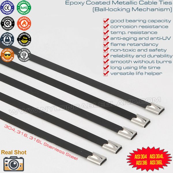 Металлические кабельные стяжки кабелни превръзки (кабелни връзки) из нержавеющей стали 304/316 размером 400 x 15 мм (800 фунтов) с шариковым замком и покрытием из эпоксидной смолы Кабельная стяжка хомут нержавеющей стали 304/316 с полиэфирным (эпоксидным) покрытием 15 x 400мм (800 фунтов) для машин