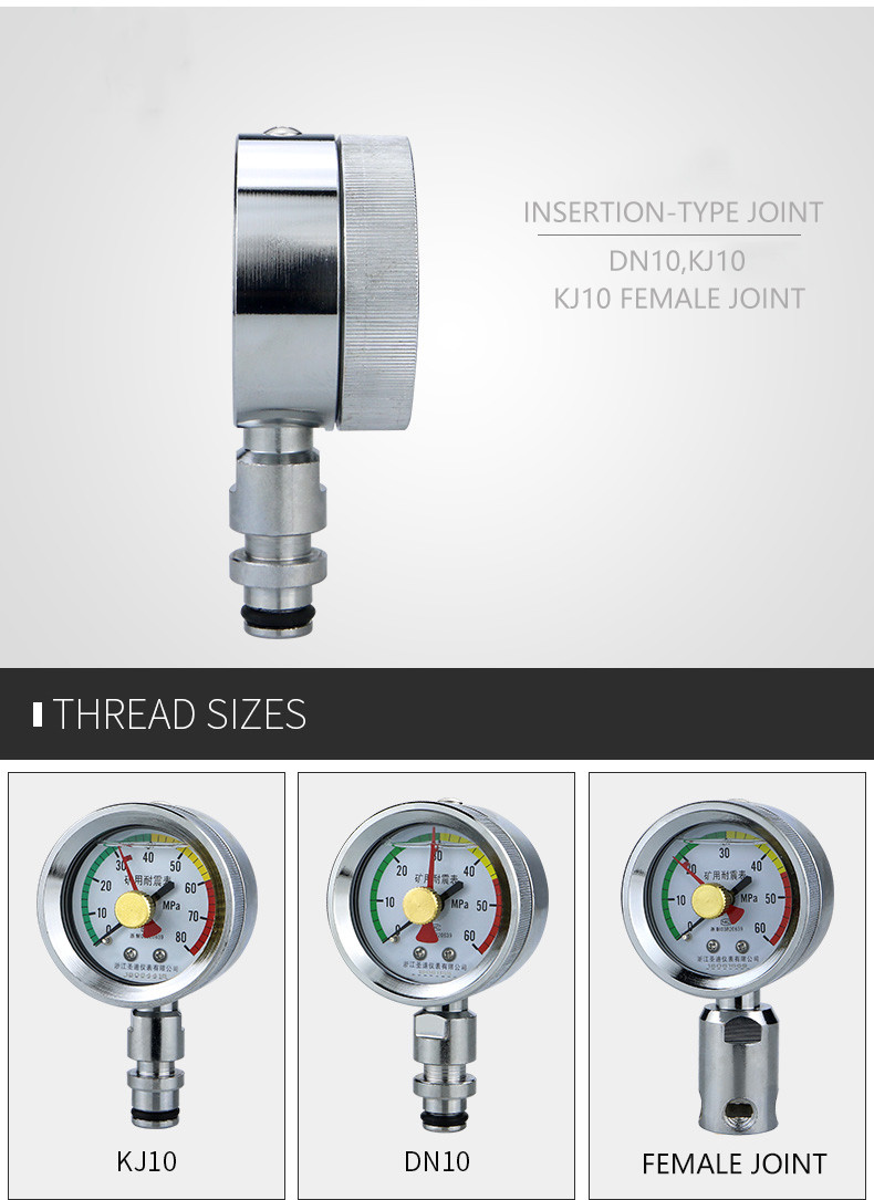 OEM Dual Memory Pointers Glycerin Pressure Gauge DN10 KJ10 Connected 60/80Mpa Manometer Pressure For Mining