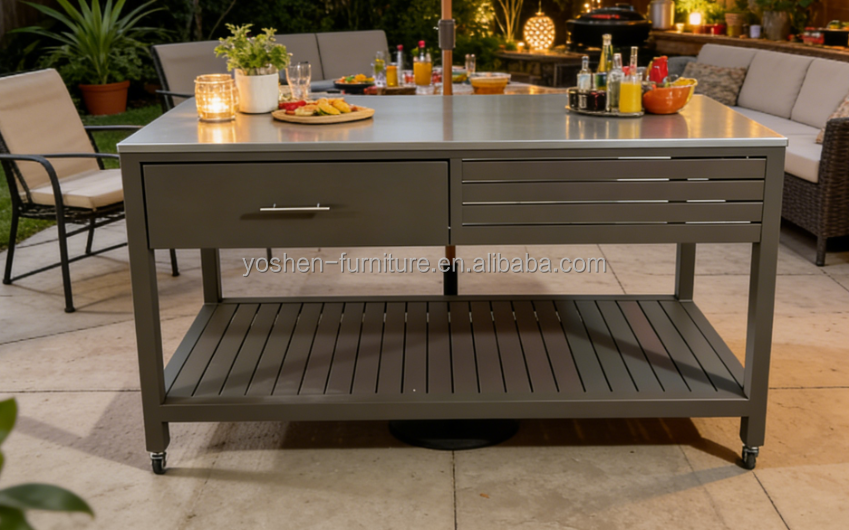Hotel Heavy Duty Stainless Steel Kitchen Cart with Locking Wheels and Drawers for Poolside Grilling