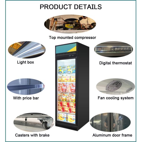 400L Auto Defrost Glass Door Upright Display Refrigerator And Freezer