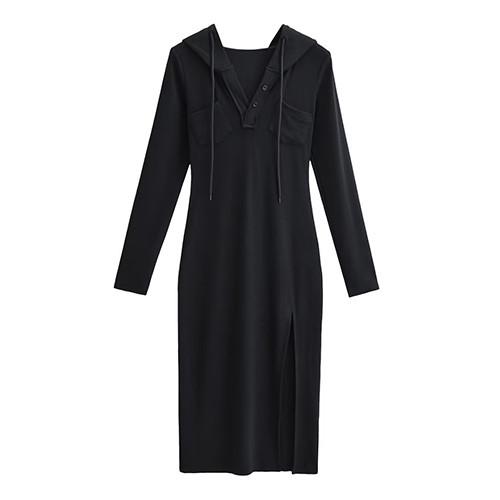Summer V Neck Long Sleeved Slim Hooded Dress With Side Slit Buttock Skirt