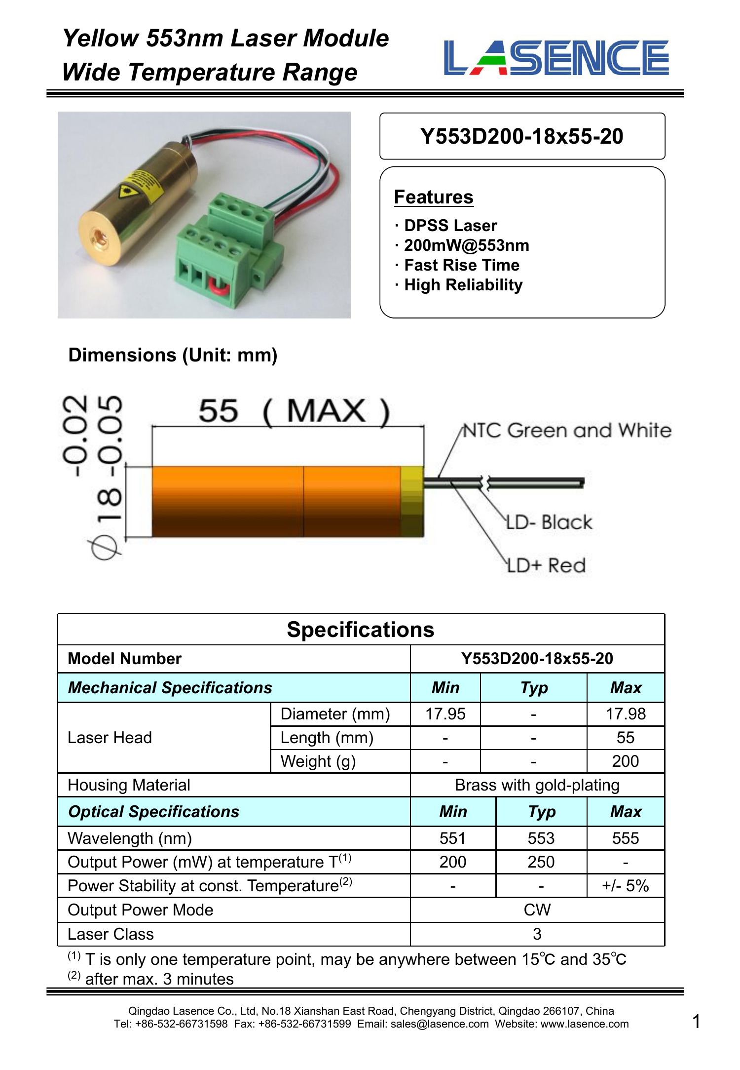 LD Voltage 1.8-2.3V 500mW Laser Module in Laser Equipment Parts with Competitive