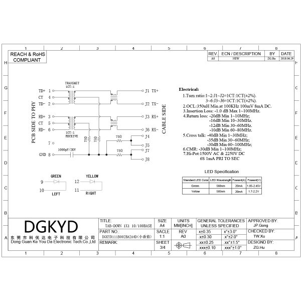 RJ45 Ethernet integrated 100Mbps connector horizontal female socket DGKYD111B002BA2A4D