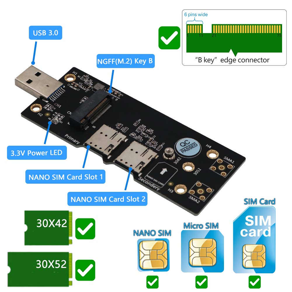 NGFF (M.2) к переходнику USB 3,0 с двойным NANO слотом SIM-карты для модуля 3G/4G/5G