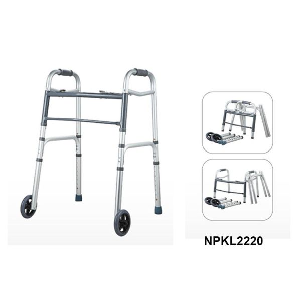 Adult Dual Button Aluminum Folding Walker with 2 Wheels