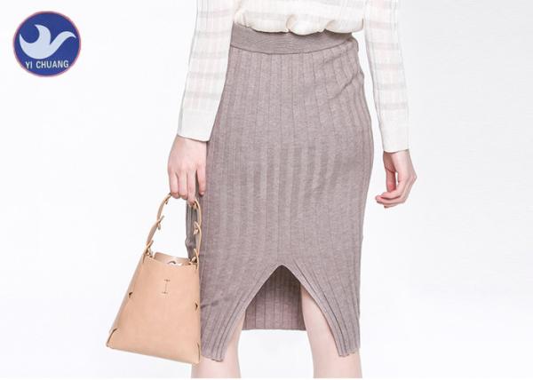Ribbed Back Slit Womens Knit Skirt Pencil Fitted Back Opening Wrap Middle Size