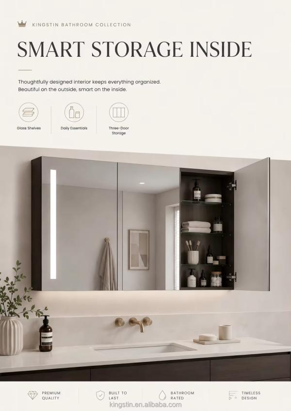 Kingstin Premium Copper-Free Silver Glass Smart LED Mirror Cabinet for Hotels & Home Bathrooms