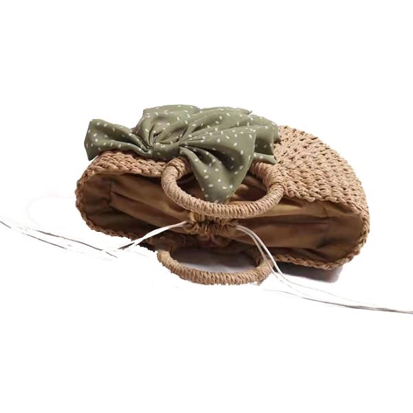 Brown Corn Skin Crochet Hand Bag Small With Green Scarf Bow Woven ODM