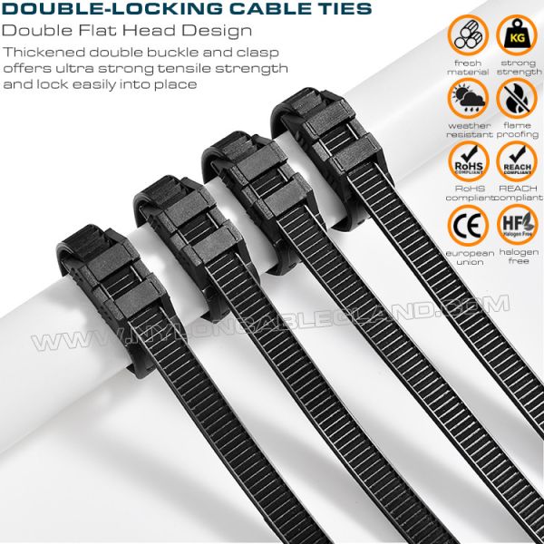 Bridas doble cierre /presillas bridas con doble cabezal plano, negras, nylon (PA) 6.6, 760 x 9mm, 110 lb, 500 N, Ø20~220mm, uso exterior