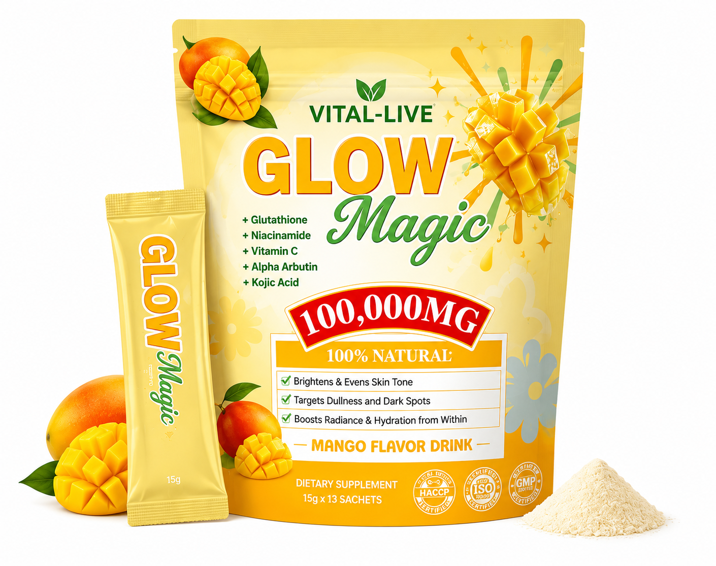 OEM Mango Beauty Powder Drink With Glutathione & Vitamin C For Skin Brightening And Collagen Support