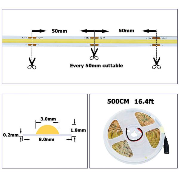 3- Alto brilho COB LED Strip Light 480leds 8mm10mm 3000K4000K6500K Quente Branco Natural