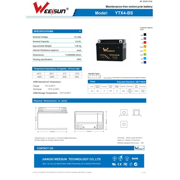 Ytx4l-bs Mf Motorcycle Battery 12v 4ah Lead Acid Battery