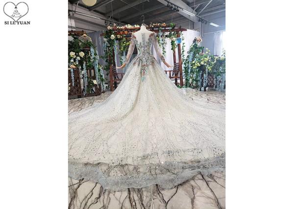 Colorful Lace Tailor Made Prom Dresses , Long Sleeve Beaded Prom Dress Big Tail