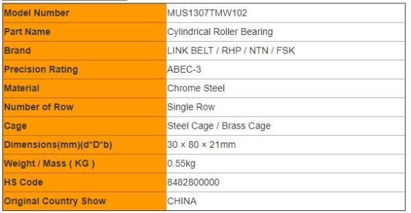 LINK BELT Brand MUS1307TMW102 Cylindrical Roller Bearing ID 80mm