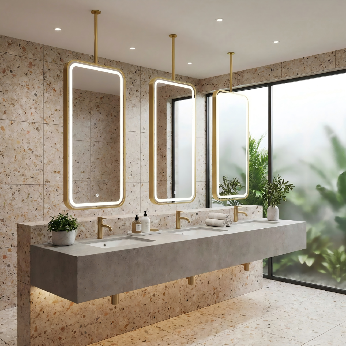 Kingstin Suspended Ceiling LED Mirror for Bathroom Island | Smart Touch Dimmable & Anti-Fog | Custom Height Rod Hotel Projects.