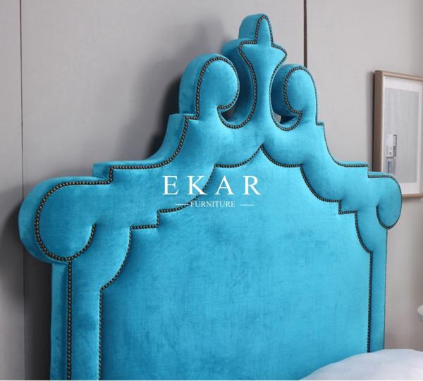 Classic Wooden Bed Models Blue Upholstered Special Headboard King Size Bed