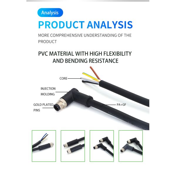 M12 male bent pre cast connector K-CODE IP67 Suitable for automated sensors