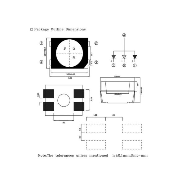 3528 Tri-Color SMD LED RGB PLCC-4 Chip Light Emitting Diode with Black Case for Backlight and Indicator