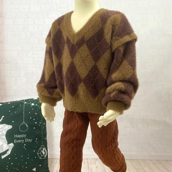 Children's Jacquard Pattern Kid Knitted baby Girls and Boys Lantern Puff sleeve pullover Furry Sweater