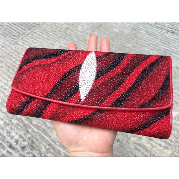 Authentic Stingray Skin Female Long Trifold Wallet Coin Case Genuine Leather Women Large Red Clutch Purse Lady Money Bag