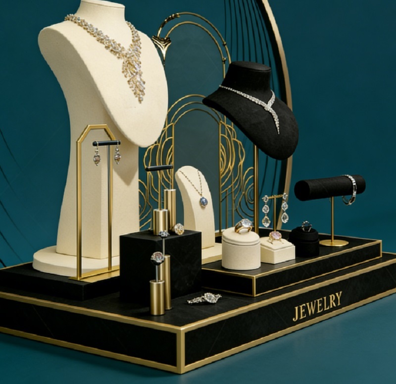 Black & Beige Velvet Jewelry Display Set, Necklace Bust with Gold Oriental Metal Frame for High-End Jewelry