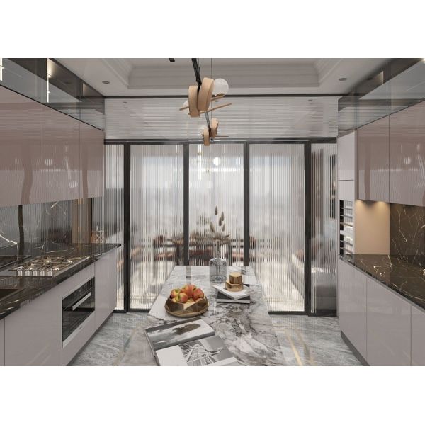 1.8m Modern Black And White Kitchens With Seating With Stone Top And Plywood Door