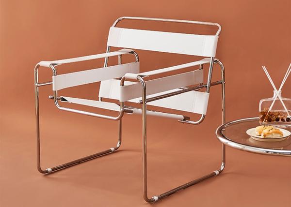 Minimalist Brown Leather Metal Chair 70cm Stainless Steel Frame