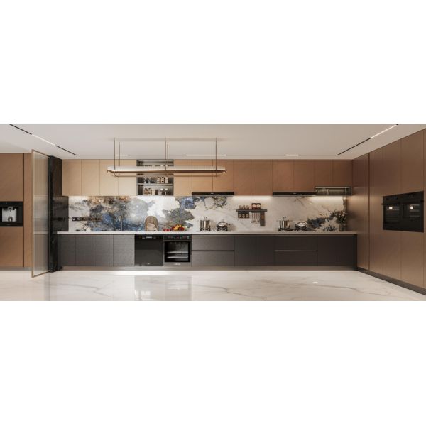 Софистицированные жилые кухонные шкафы из нержавеющей стали с глубокими серыми и коричневыми акцентами