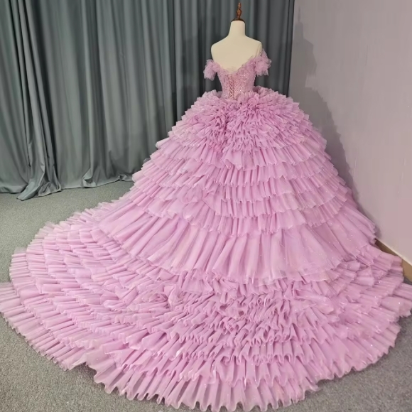 Elegant Off-the-shoulder Beaded V-neck Pink Multi-layer Skirt Tulle Quinceanera Ball Gowns Cake Dresses For 15 Girls