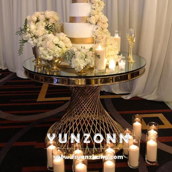 Luxury Gold Stainless Steel Cake Stand Table with Mirror Glass Top for Wedding & Party Home & Apartment Dining Furniture
