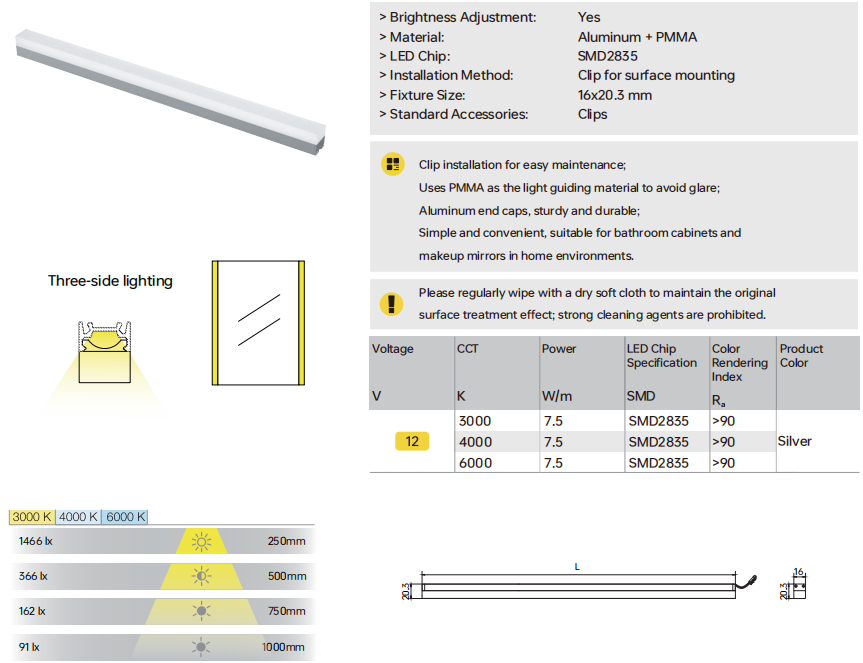 A230B Decorative strip light, PMMA+Aluminum Alloy, L*20.3*16mm, Ra≥90, DC12V/24V, 7.5W, SMD2835