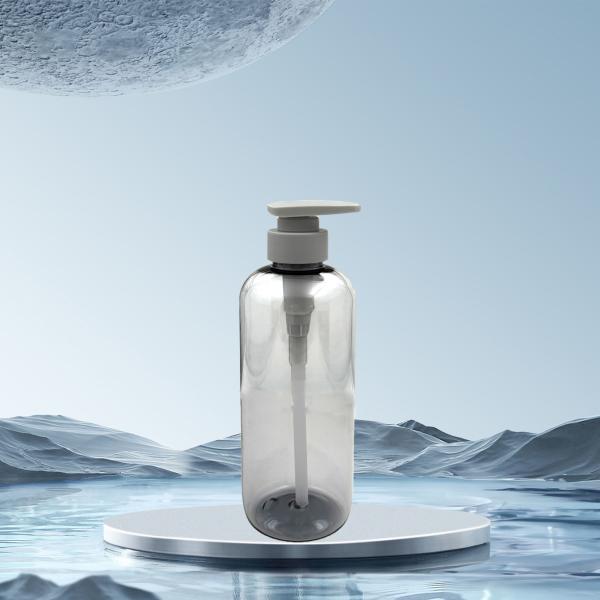 Épaisse paroiée 500 ml de matière grise transparente en PET, pompe à pression plate, bouteille en plastique pour gel de douche