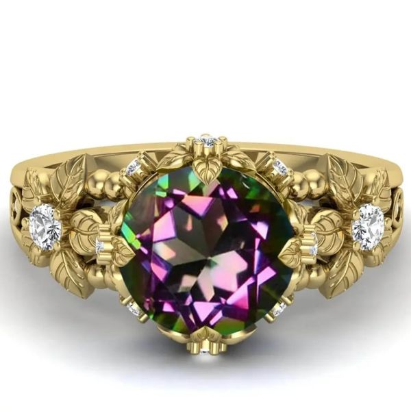 золото 14K покрыло стерлинговый серебряный винтажный круг искусства отрезало мистические белые обручальные кольца драгоценной камня топаза