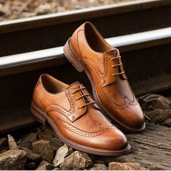 Retro Vintage Mens Leather Dress Shoes Brown Oxfords Zip Lace Up Brogue Shoes