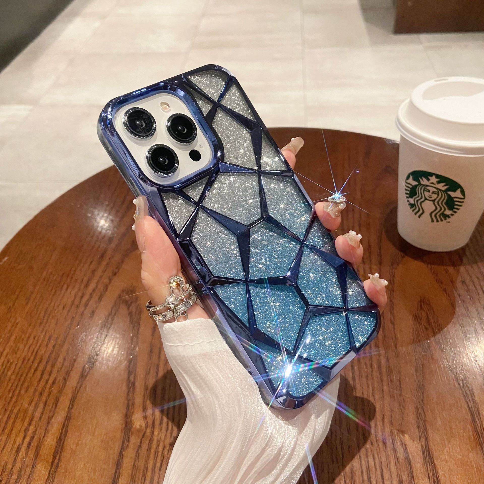 PC Premium Geometric Quilted Gradient Glitter Soft Waterproof Shockproof Mobile Phone Case for for 11 12 13 14 15 Pro Max