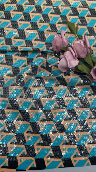 Vibrant Printed Sequin Embroidery With Geometric Patterns Clear Sequin Ground Full Width